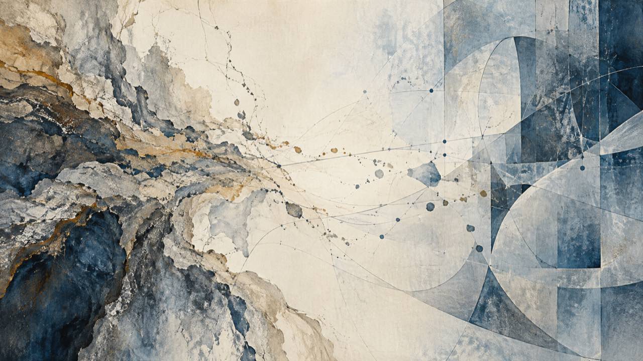 Peinture abstraite représentant la rencontre de formes organiques et mathématiques à l’horizon de l’AGI.